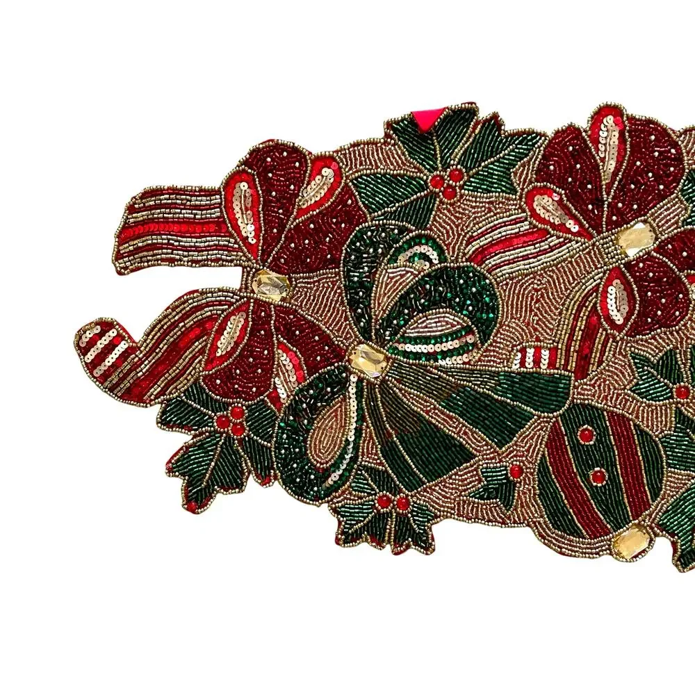 Nicole Miller Beaded Poinsettia Bow Table Runner 13x34 Pink Red Green New